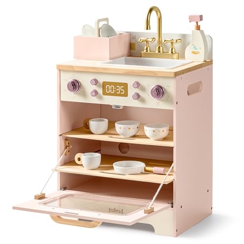 ROBUD Wooden Dishwasher Playset Play Kitchen Set Toy Dishwasher for Kids Pretend Toddlers Kitchen Toy with Storage Baskets Plates Bowls and Detergent Gift for Boys Girls Age 3 Pink - Image 1