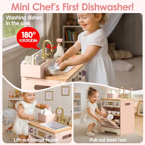ROBUD Wooden Dishwasher Playset Play Kitchen Set Toy Dishwasher for Kids Pretend Toddlers Kitchen Toy with Storage Baskets Plates Bowls and Detergent Gift for Boys Girls Age 3 Pink - Image 5