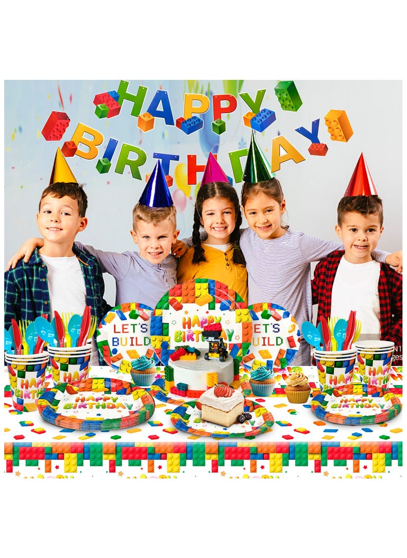 Building Blocks Disposable Party Tableware for 16 Guests, 129pcs Building Blocks Birthday Party Decorations Colorful Building Block Theme Party Plates Napkins Tablecloth Banner