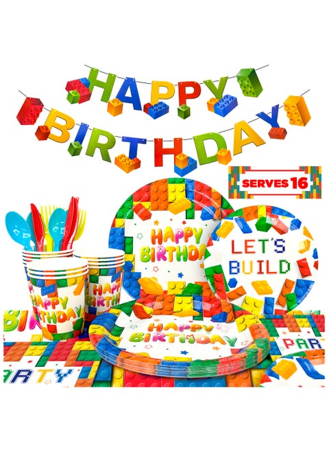 Building Blocks Disposable Party Tableware for 16 Guests, 129pcs Building Blocks Birthday Party Decorations Colorful Building Block Theme Party Plates Napkins Tablecloth Banner