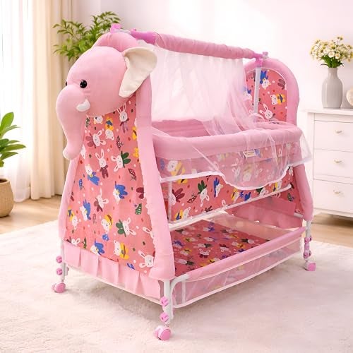 KIDBITKART Premium Jumbo Baby Cradle New Born Baby Sleep Swing Cradle/Mattress & Wheels and Cradle for 0-13 Months Baby Boys and Girls (Blue Panda) (Pink Panda) - Image 1