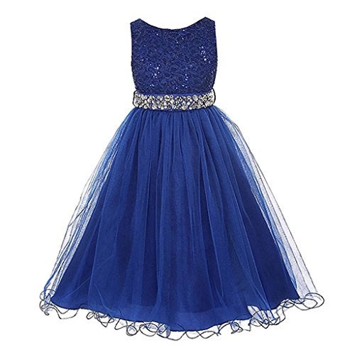 DreamHigh Wedding Flower Girl's Sequined Shining Crystal Waist Evening Dress up Royal Blue 9-10 Years - Image 1