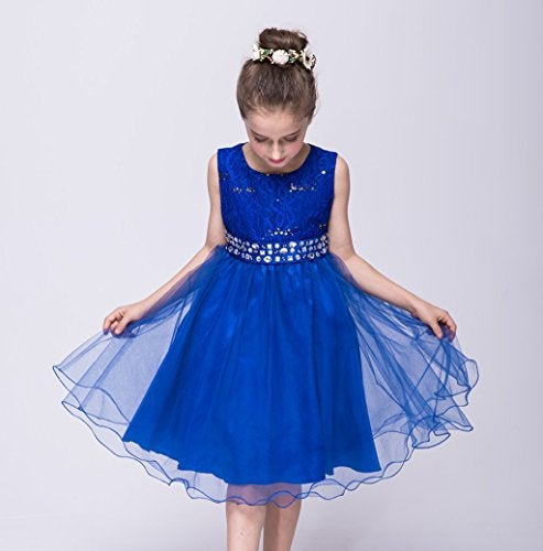 DreamHigh Wedding Flower Girl's Sequined Shining Crystal Waist Evening Dress up Royal Blue 9-10 Years - Image 4
