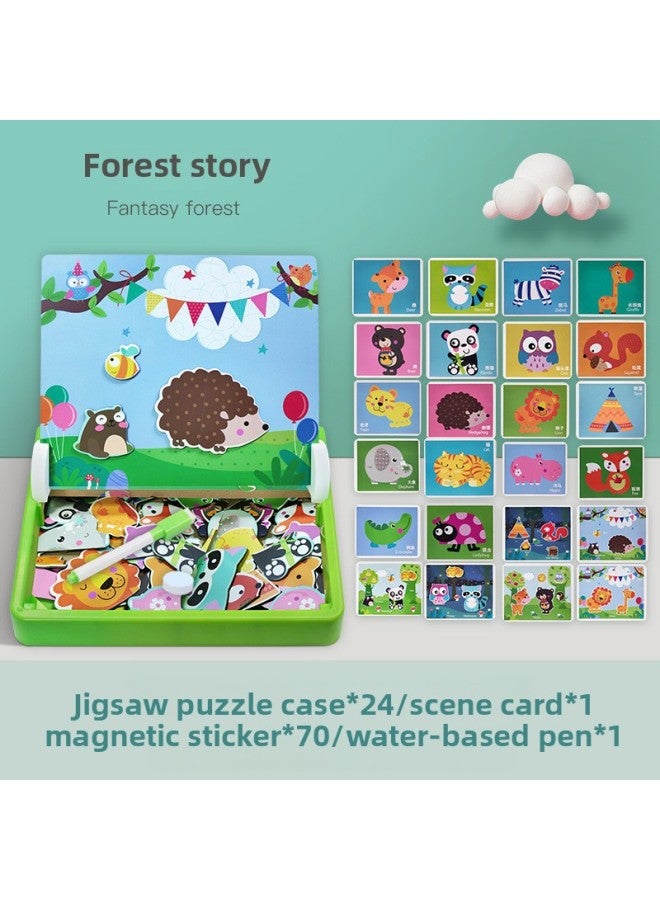 أحجية خشبية مغناطيسية للتعليم المبكر، لعبة تطوير الذكاء للأطفال، شكل لغز الأطفال، تغيير الوجه، اللعب في المنزل، تغيير الملصق المغناطيسي - اللون: ملصق أحجية قصة الغابة - Image 1