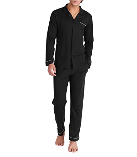DAVID ARCHY Mens Pajamas Set Soft Cotton Notched Collar Pajamas for Men Long Sleeve Mens Sleepwear with Pockets & Front Fly (XL, Black) - Image 1
