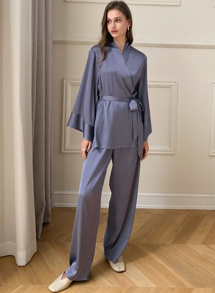 Loquat Women's Solid Color 2-Piece Set Nightgown Sleepwear Long Sleeve Top And Pants Soft Loungewear Pajamas Suit Greyish Purple  - Image 1