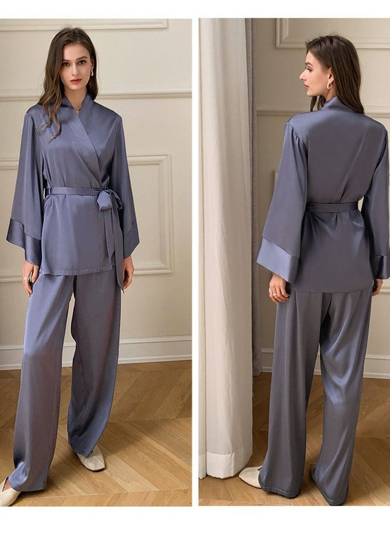 Loquat Women's Solid Color 2-Piece Set Nightgown Sleepwear Long Sleeve Top And Pants Soft Loungewear Pajamas Suit Greyish Purple  - Image 3