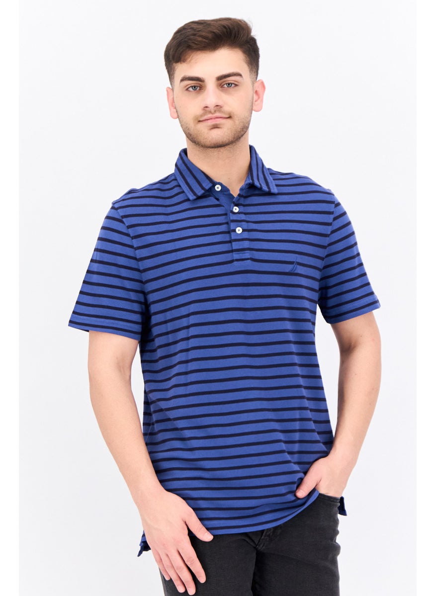 NAUTICA Men Regular Fit Stiped  Short Sleeves Polo, Blue  - Image 1