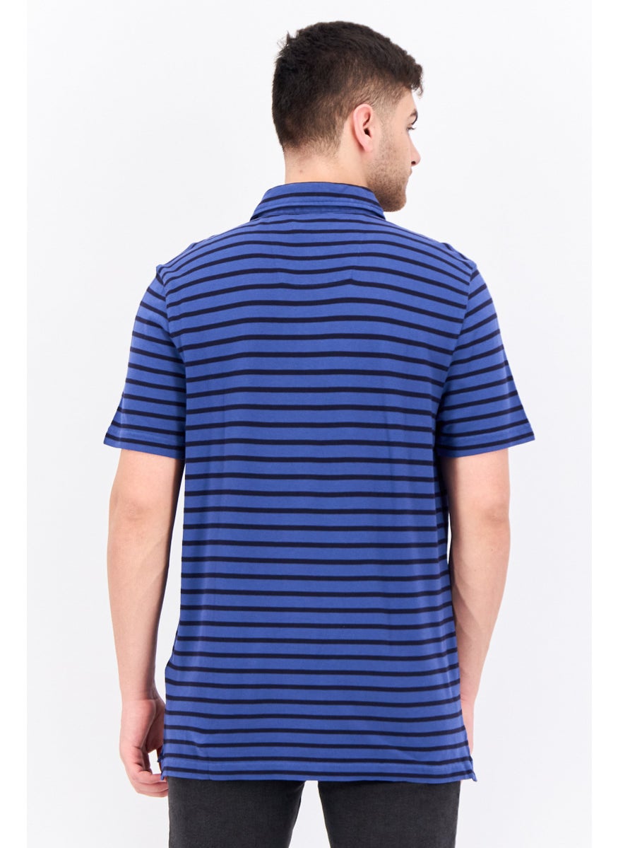 NAUTICA Men Regular Fit Stiped  Short Sleeves Polo, Blue  - Image 3