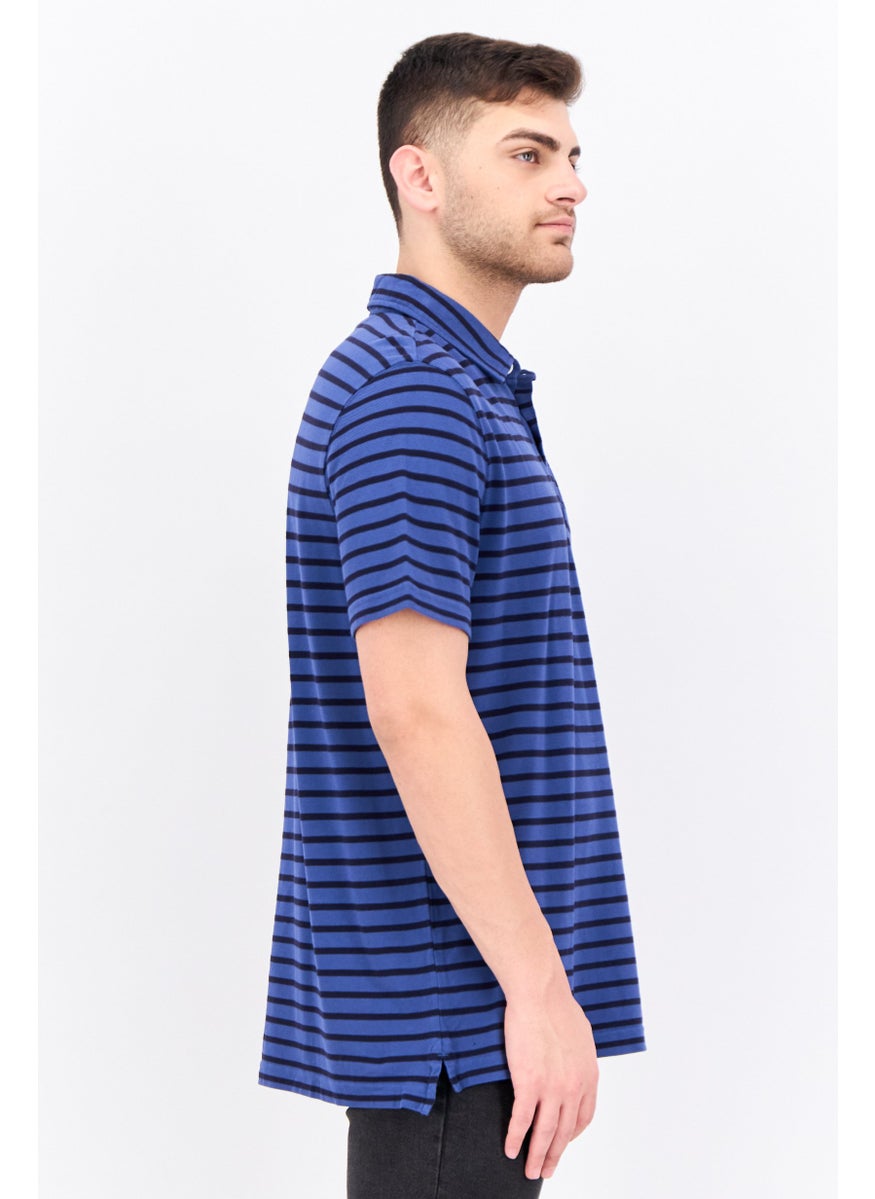 NAUTICA Men Regular Fit Stiped  Short Sleeves Polo, Blue  - Image 2