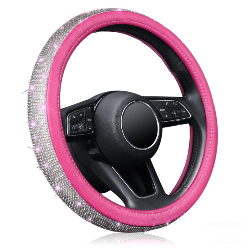 KAFEEK for Women Girls Diamond Leather Steering Wheel Cover with Bling Bling Crystal Rhinestones, Universal 15 inch Anti-Slip, Pink Microfiber Leather White Diamond