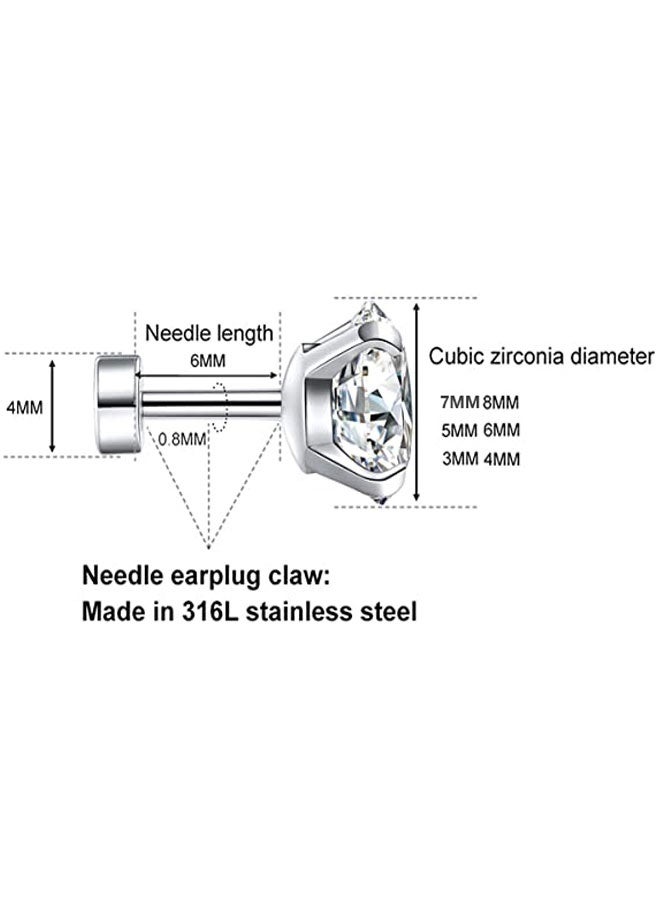 HAWAWA 6Pairs 20G Hypoallergenic Brithstone Stud Earrings for Women Men Flatback Earrings Stainless Steel 3mm-8mm Cubic Zirconia Earrings Piercing Ear Cartilage Silver - Image 2