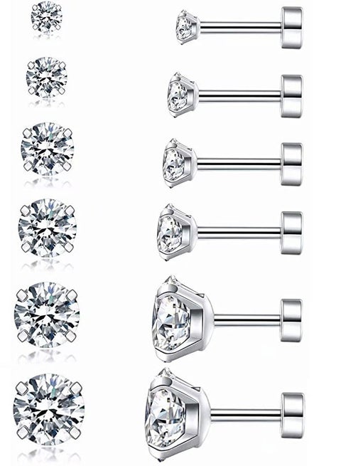 6Pairs 20G Hypoallergenic Brithstone Stud Earrings for Women Men Flatback Earrings Stainless Steel 3mm-8mm Cubic Zirconia Earrings Piercing Ear Cartilage Silver