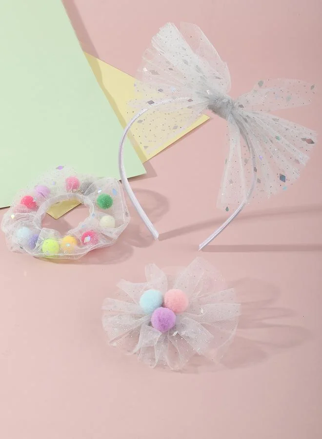Take Two  3-Piece Mesh Pompom Trim Hair Accessory Set for Women | Best Price UAE