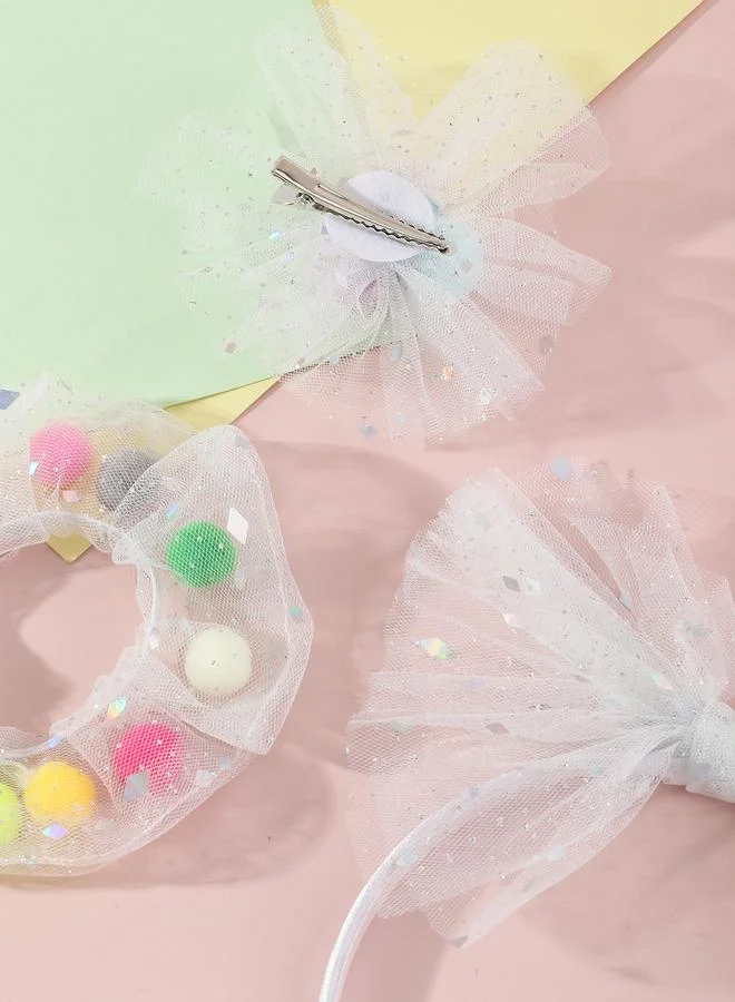 تايك تو 3-Piece Mesh Pompom Trim Hair Accessory Set