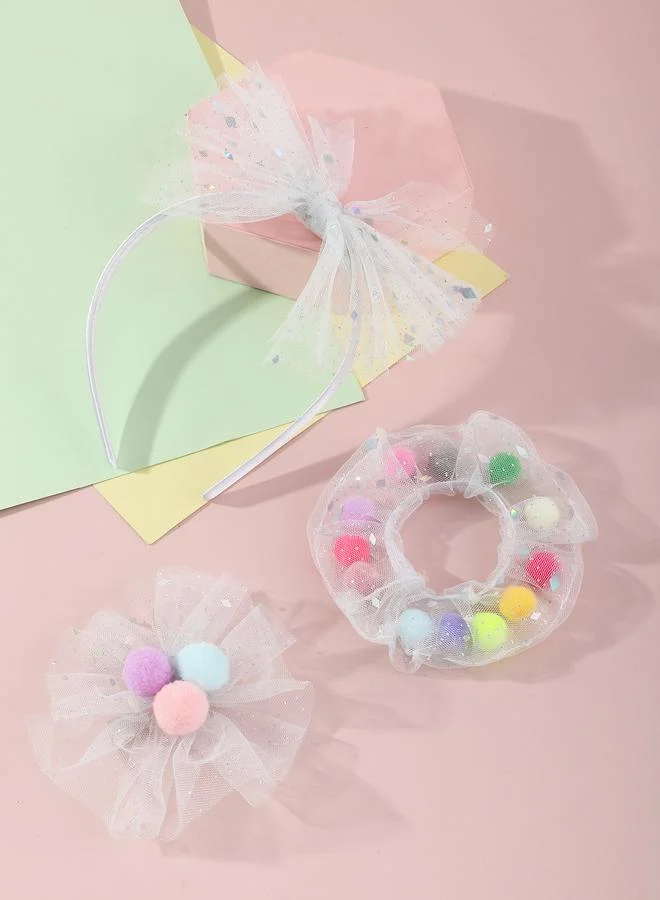 تايك تو 3-Piece Mesh Pompom Trim Hair Accessory Set