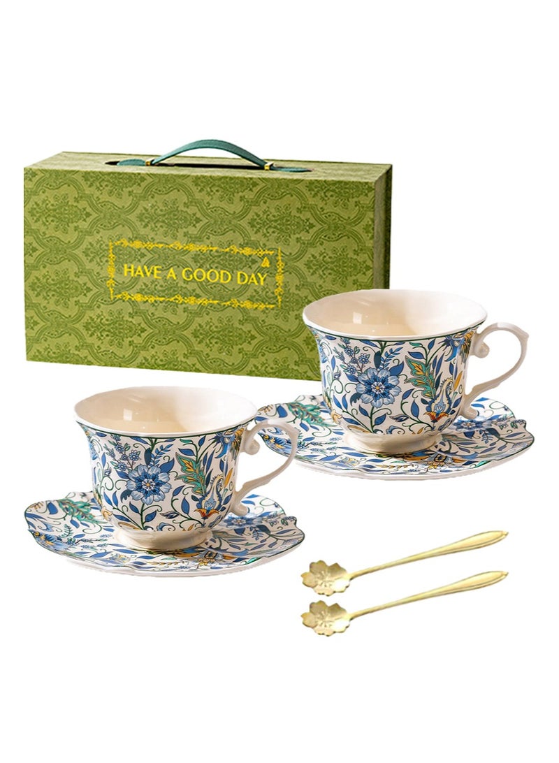 Aikanbo 2pcs Ceramic Coffee Cup and Saucer Gift Box Set，Vintage Retro Blue and White Collection，Perfect for Espresso，Tea or Coffee Lovers，Gift Boxed for Home，Office or Special Occasion (Coffee Cup + Saucer + Spoon) - Image 1