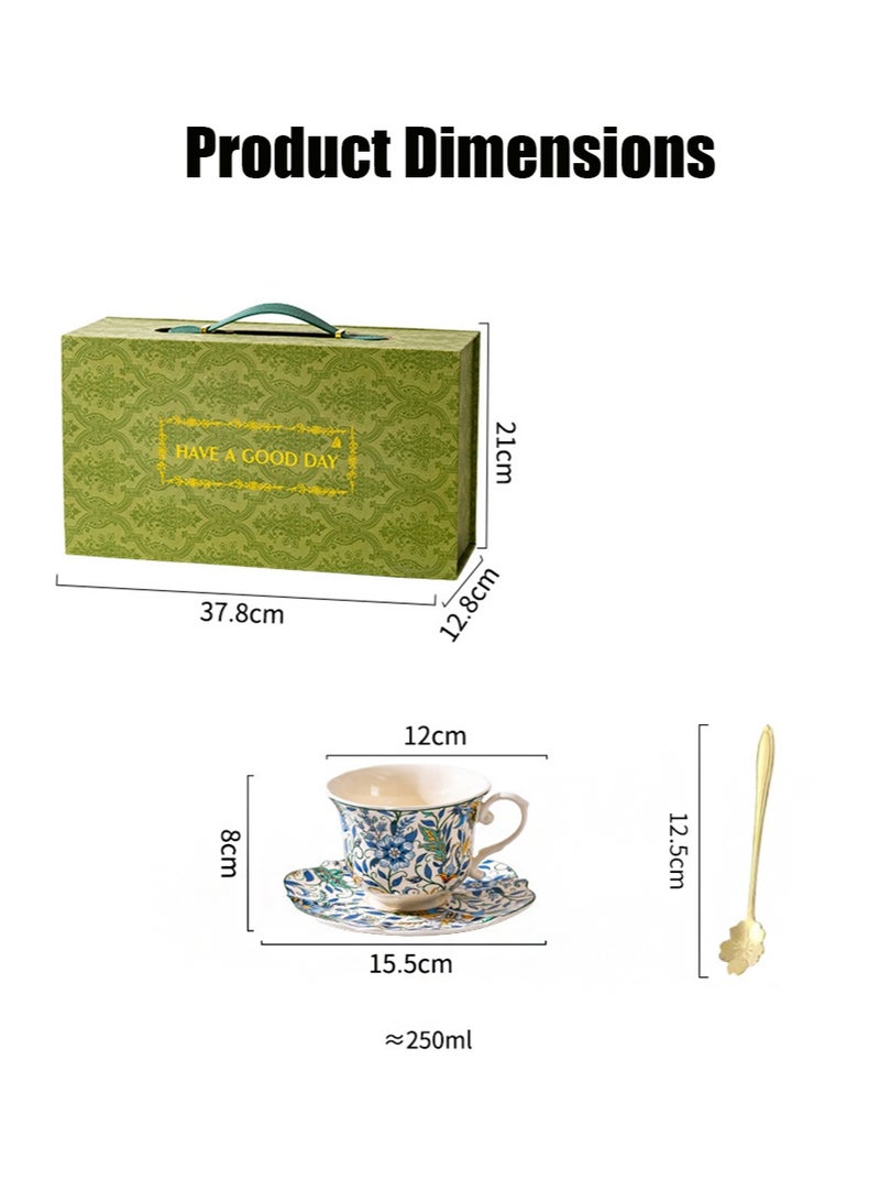 Aikanbo 2pcs Ceramic Coffee Cup and Saucer Gift Box Set，Vintage Retro Blue and White Collection，Perfect for Espresso，Tea or Coffee Lovers，Gift Boxed for Home，Office or Special Occasion (Coffee Cup + Saucer + Spoon) - Image 2