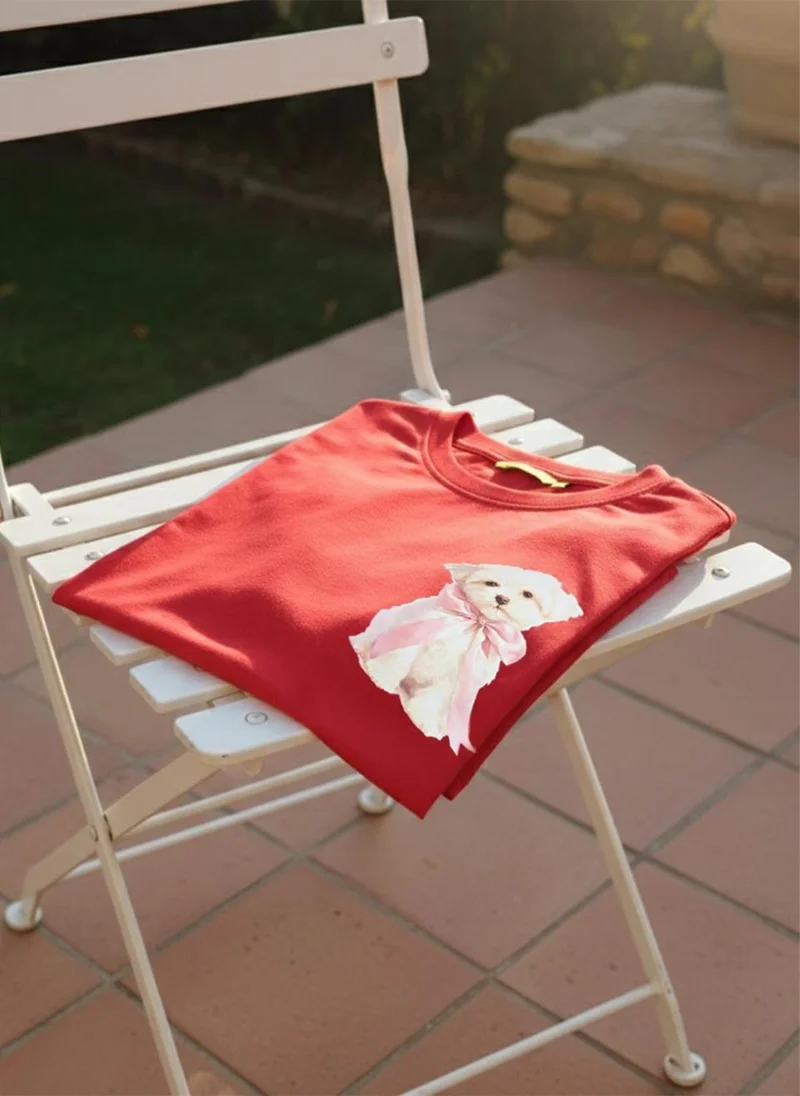 globus Globus Women Red Round Neck Short Sleeves Graphic Print Oversized Fit T-Shirt