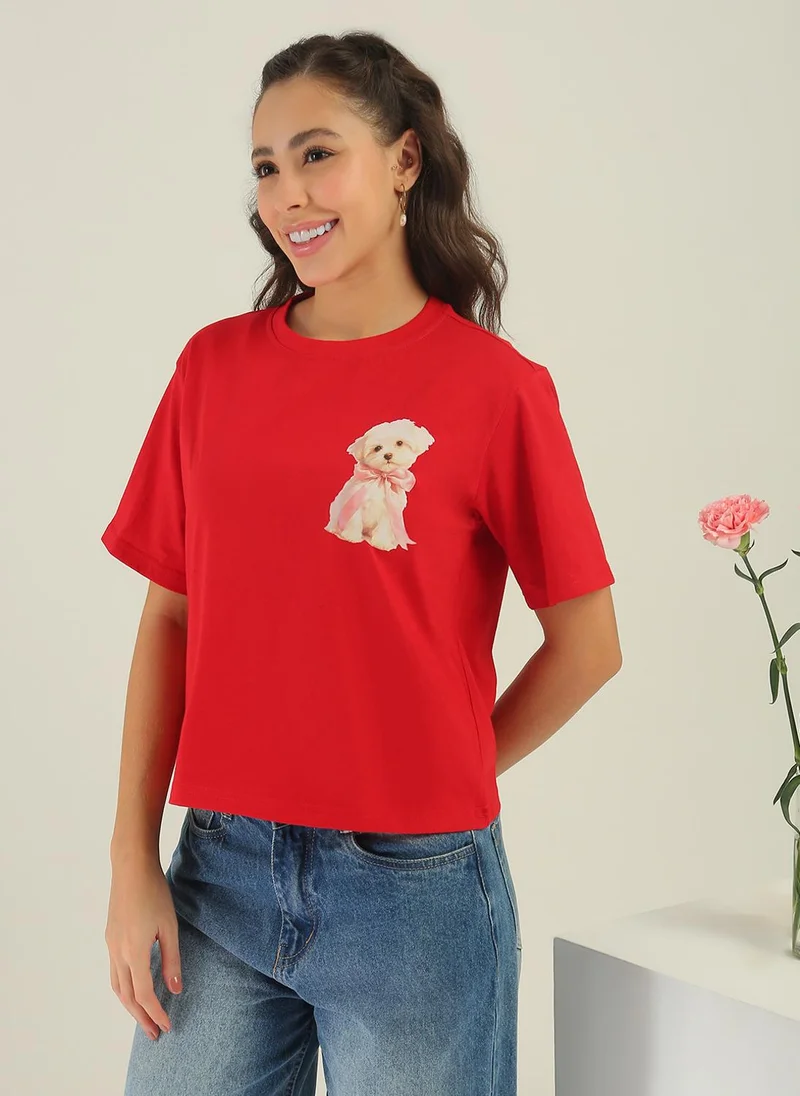 جلو باص Globus Women Red Round Neck Short Sleeves Graphic Print Oversized Fit T-Shirt