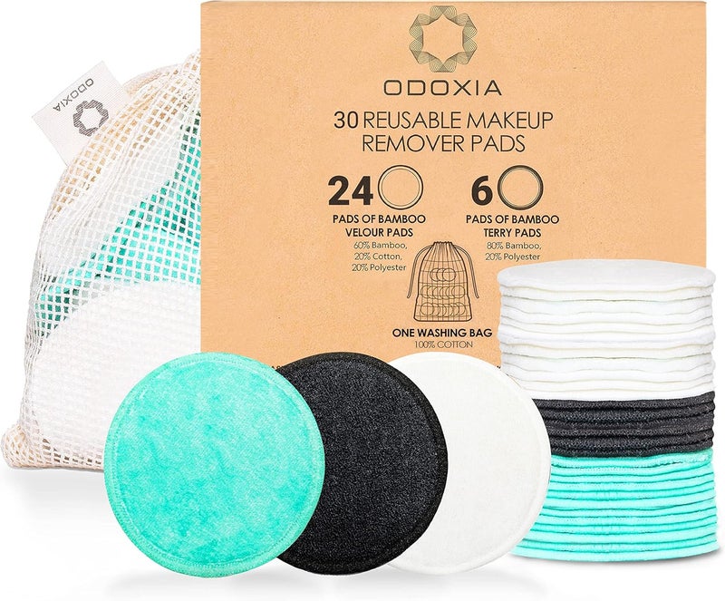 ODOXIA 30-Pack Reusable Makeup Remover Pads | Eco Friendly & Zero Waste Cotton Rounds | Beauty Products | Natural & Organic Face Pads with Laundry Bag | Soft for All Skin Types | Bamboo Wipes for Cleansing - Image 1