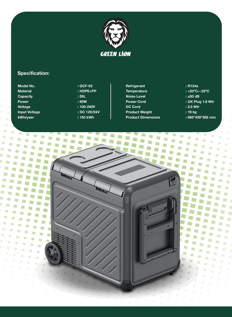GREEN LION GFC-55 Car Fridge with Touch Control Display 55L /  Pull Bar & Wheels/ Two Shelves / Easy Setup / Camping Refrigerant / Outdoor / Road Trip/ Temperature Control /Car Refrigerator - Black  - Image 3