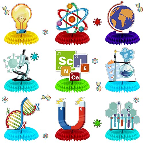 Fainne 9 Pcs Science Party Decorations Honeycomb Centerpieces 3D Table Decor Table Toppers for Science Fair Chemistry Stem Math Party Supplies Lab Week School Birthday Decorations 9 Styles - Image 1