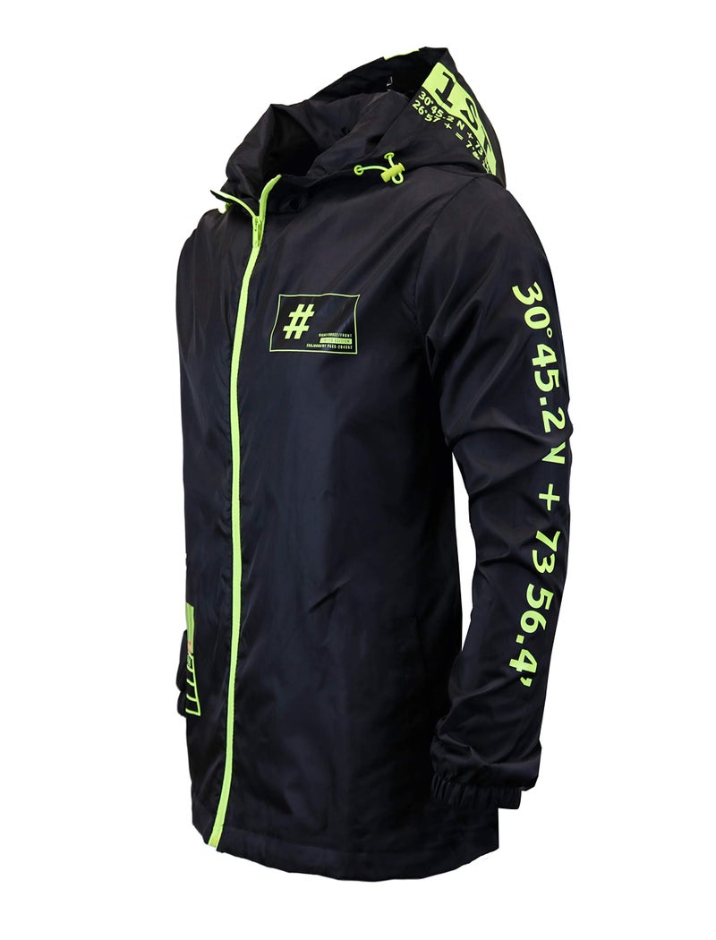 SCREENSHOTBRANDS51005 Lightweight Hooded Water Resistant Windbreaker Zipup Fashion Map Print Rain JacketBKNeonLarge