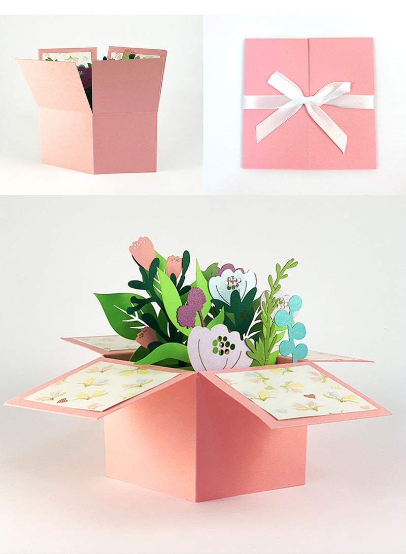 Soft Pink Box-Shaped Greeting Card with Flowers and Leaves