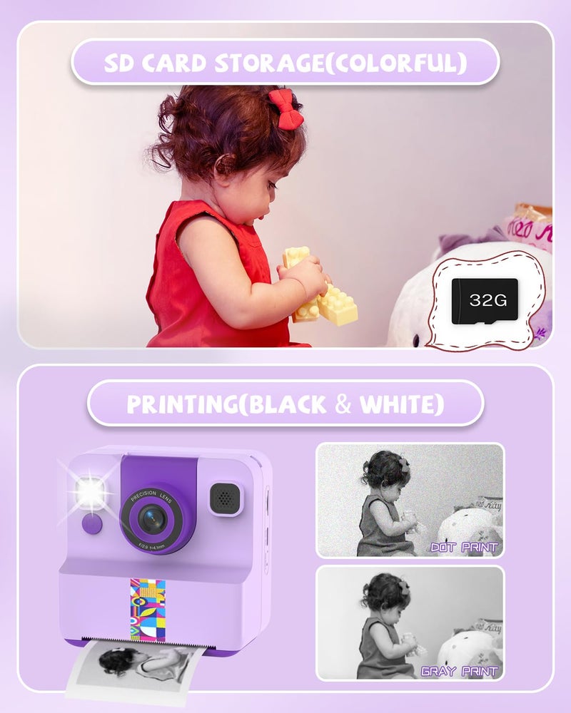 Sylvanthos Kids Camera Instant Print, Digital Camera for Kids, 180Â° Rotating Selfie Lens with 32GB SD Card & 2 Rolls Printing Paper Kids Toy Birthday Gifts for Boys Girls Ages 3-12, Purple - Image 5