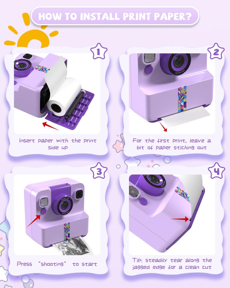 Sylvanthos Kids Camera Instant Print, Digital Camera for Kids, 180Â° Rotating Selfie Lens with 32GB SD Card & 2 Rolls Printing Paper Kids Toy Birthday Gifts for Boys Girls Ages 3-12, Purple - Image 3