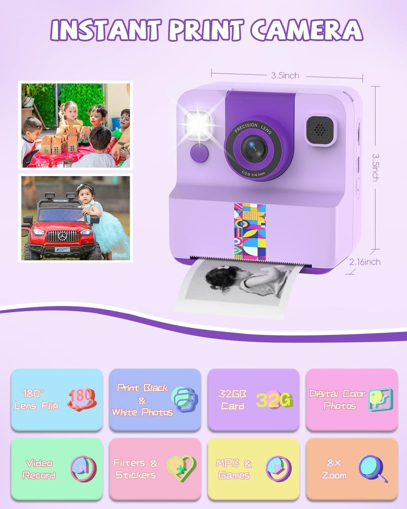 Sylvanthos Kids Camera Instant Print, Digital Camera for Kids, 180Â° Rotating Selfie Lens with 32GB SD Card & 2 Rolls Printing Paper Kids Toy Birthday Gifts for Boys Girls Ages 3-12, Purple - Image 2