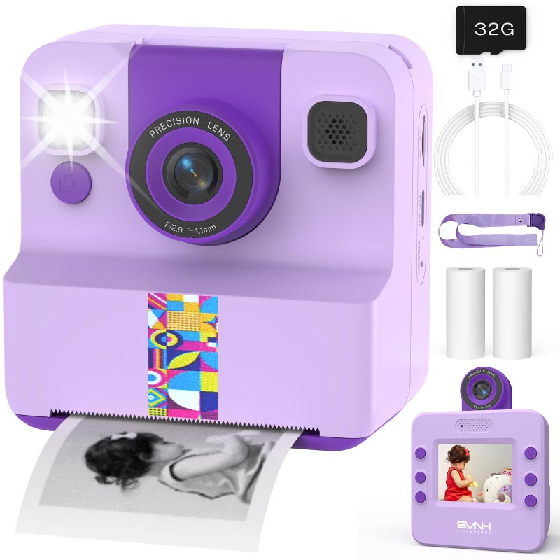 Sylvanthos Kids Camera Instant Print, Digital Camera for Kids, 180Â° Rotating Selfie Lens with 32GB SD Card & 2 Rolls Printing Paper Kids Toy Birthday Gifts for Boys Girls Ages 3-12, Purple - Image 1