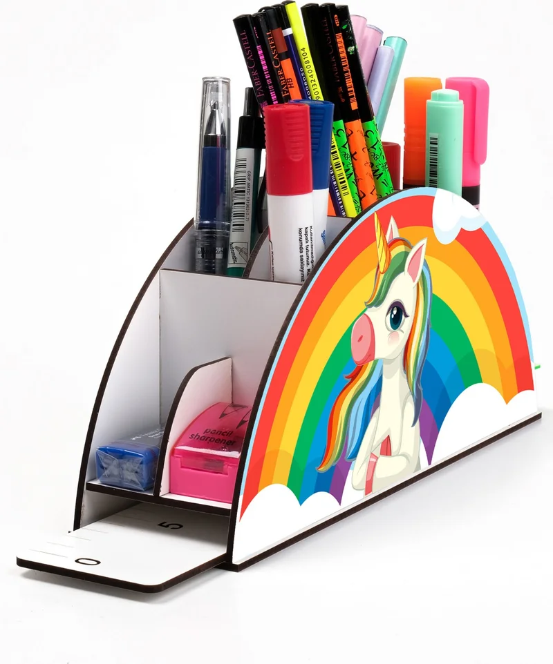 نوتبا Wooden Vip Thinking Unicorn Rainbow Ruler Desktop Pencil Holder Organizer For Kids VIP105