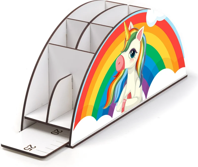 نوتبا Wooden Vip Thinking Unicorn Rainbow Ruler Desktop Pencil Holder Organizer For Kids VIP105
