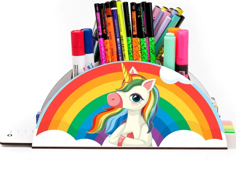 نوتبا Wooden Vip Thinking Unicorn Rainbow Ruler Desktop Pencil Holder Organizer For Kids VIP105
