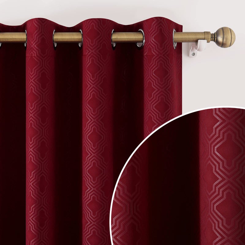 HOMEIDEAS Burgundy Red Blackout Curtains 52 x 84 Inch Geometric Moroccan Lattice Embossed Geo Trellis Room Darkening Bedroom Thermal Insulated Grommet Drapes for Living Room 2 Panels