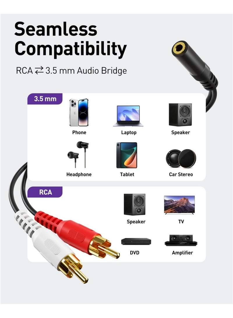 كابل توزيع استريو 3.5 مم أنثوي إلى 2 RCA ذكر (عبوة 2)، موصل مطلي بالذهب متوافق مع التلفزيون، الهواتف الذكية، مشغلات MP3، الأجهزة اللوحية، السماعات، وأنظمة المسرح المنزلي (طول 8 بوصات) - Image 2