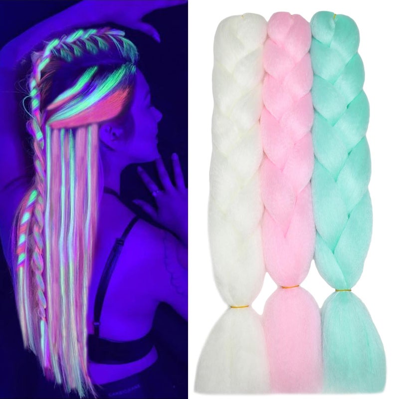 Glow in the Dark Colorful Jumbo Braiding Hair Extensions for Rainbow Braids 24inch 3pcs WhitePinkGreen