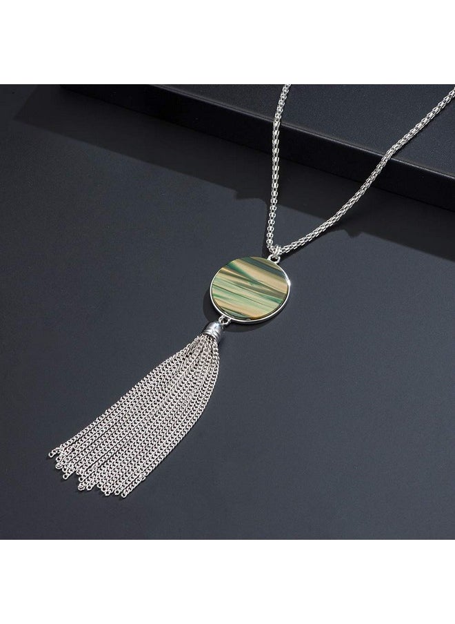 Pearl&Club Long Tassel Pendant Necklaces For Women Faux Pearl Necklace With Silver Chain Fashion Jewelry For Lady(Army Green)  - Image 2