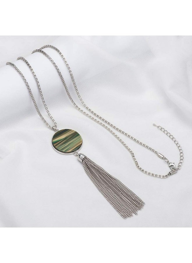 Pearl&Club Long Tassel Pendant Necklaces For Women Faux Pearl Necklace With Silver Chain Fashion Jewelry For Lady(Army Green)  - Image 3