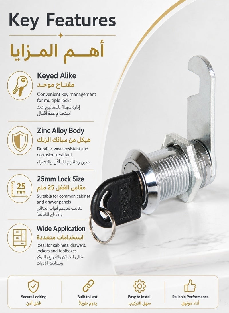 Sisily 25mm Keyed Alike Zinc Alloy Cabinet Cam Lock with Keys, Drawer Lock Wardrobe Lock Office Furniture Lock Mailbox Toolbox Lock - Image 2