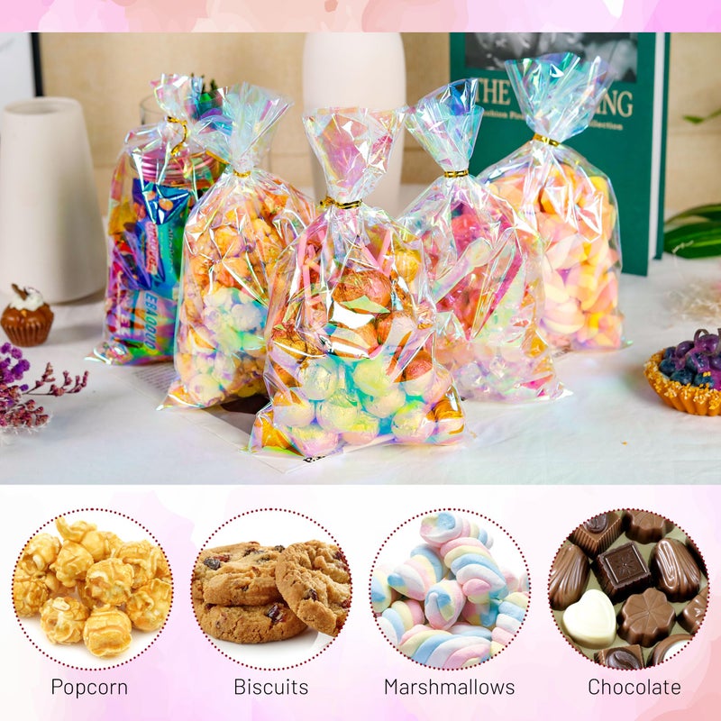 NPLUX Cellophane Treat Bags,Plastic Iridescent Party Favor Bags Clear Candy Bags with Twist Ties for Gift, Cookies, Snacks(100PACK, 6x10inch) - Image 5
