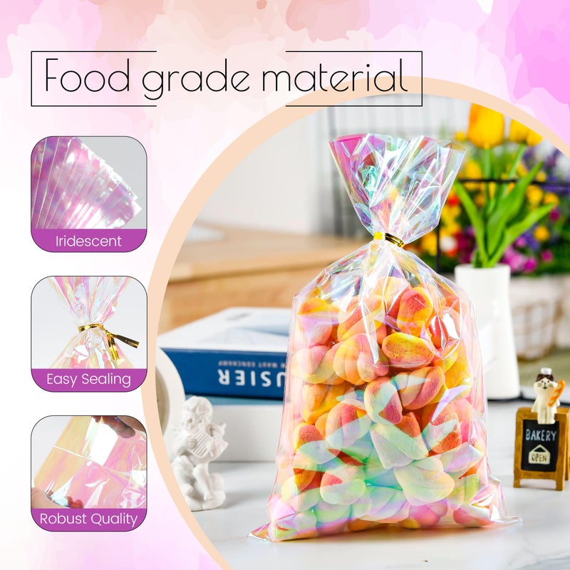 NPLUX Cellophane Treat Bags,Plastic Iridescent Party Favor Bags Clear Candy Bags with Twist Ties for Gift, Cookies, Snacks(100PACK, 6x10inch) - Image 4