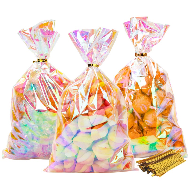 NPLUX Cellophane Treat Bags,Plastic Iridescent Party Favor Bags Clear Candy Bags with Twist Ties for Gift, Cookies, Snacks(100PACK, 6x10inch) - Image 1