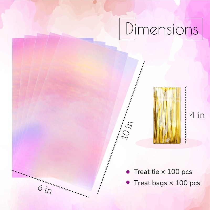 NPLUX Cellophane Treat Bags,Plastic Iridescent Party Favor Bags Clear Candy Bags with Twist Ties for Gift, Cookies, Snacks(100PACK, 6x10inch) - Image 3