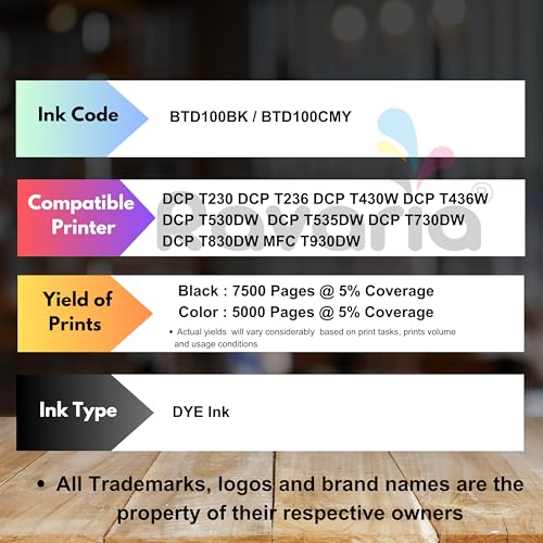 Ravaria BTD100BK / BTD100CMY Compatible Ink for Brother Printer DCP-T236 DCP-T230 DCP-T436W DCP-T430W DCP-T535DW DCP-T530DW DCP-T730DW DCP-T830DW MFC-T930DW (BTD100BK & BT100CMY Ink Set (4 Color)) - Image 2