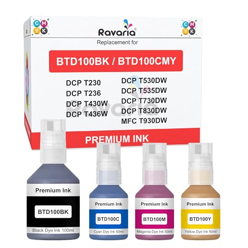 Ravaria BTD100BK / BTD100CMY Compatible Ink for Brother Printer DCP-T236 DCP-T230 DCP-T436W DCP-T430W DCP-T535DW DCP-T530DW DCP-T730DW DCP-T830DW MFC-T930DW (BTD100BK & BT100CMY Ink Set (4 Color)) - Image 1
