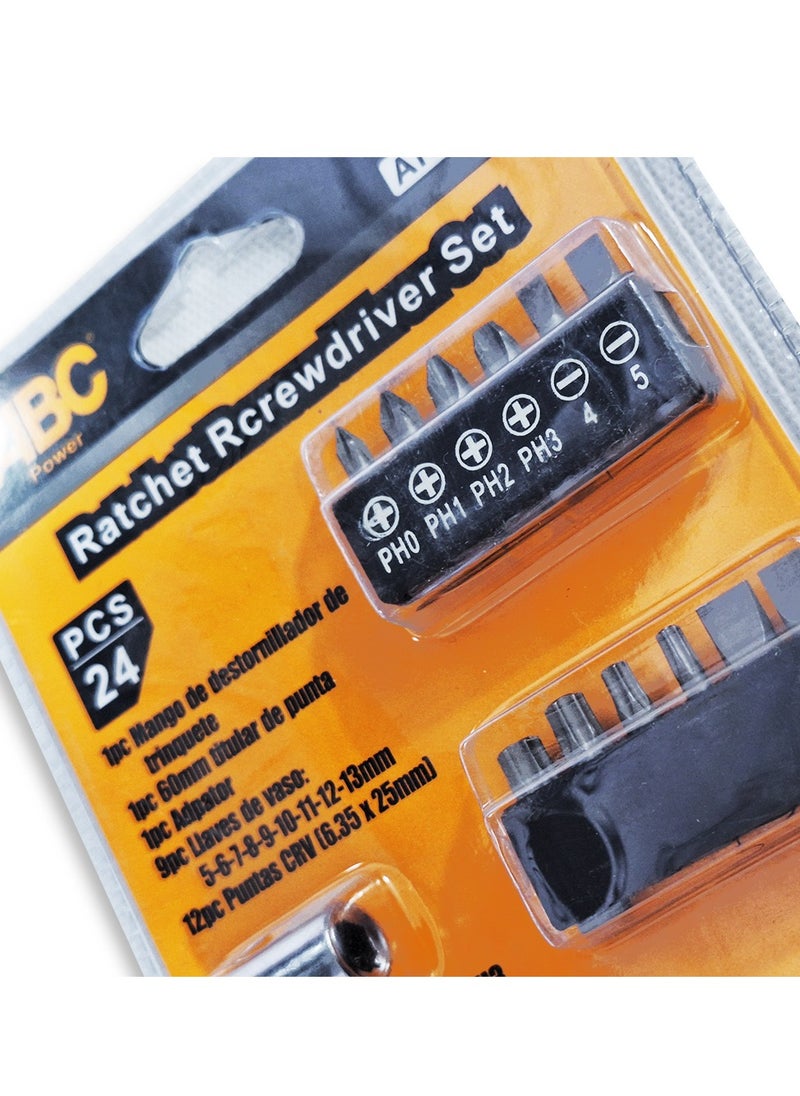 ABC - 24-piece ratchet screwdriver set, ergonomic and easy-to-use design, high quality and durability, suitable for precise and heavy work, used for loosening and installing various screws, maintaining electrical and electronic devices, repairing bicycles or mechanical tools, home maintenance projects and handicrafts, ideal for personal and professional use - Image 1