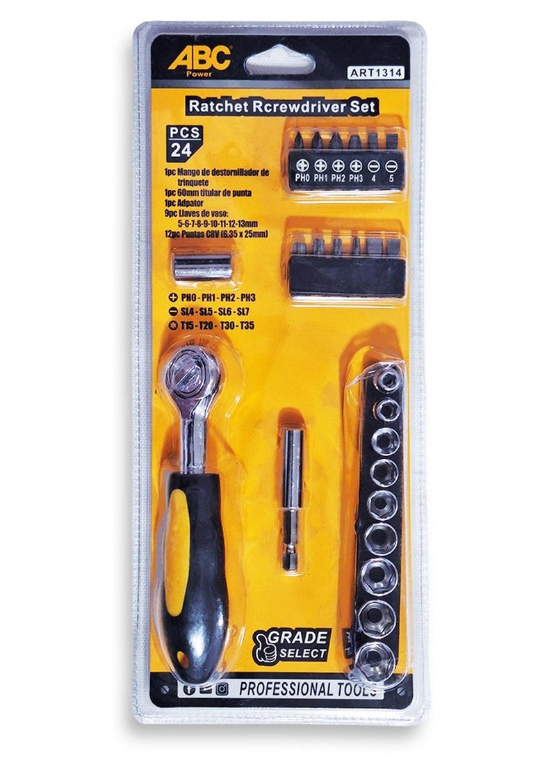 ABC 24-piece ratchet screwdriver set, ergonomic and easy-to-use design, high quality and durability, suitable for precise and heavy work, used for loosening and installing various screws, maintaining electrical and electronic devices, repairing bicycles or mechanical tools, home maintenance projects and handicrafts, ideal for personal and professional use - Image 1